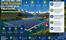 Switzerland is expanding floating solar projects on Alpine reservoirs, combining hydropower and solar energy to increase renewable electricity generation and strengthen energy security.