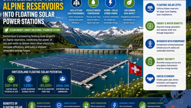 Switzerland is expanding floating solar projects on Alpine reservoirs, combining hydropower and solar energy to increase renewable electricity generation and strengthen energy security.