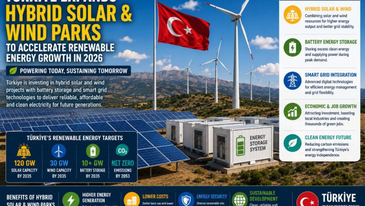 Hybrid renewable energy park in Türkiye featuring solar panels, wind turbines, battery energy storage systems, and smart grid infrastructure, representing clean electricity generation and sustainable energy development.