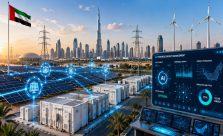 AI-powered smart energy infrastructure in the UAE featuring solar farms, battery storage systems, digital grid controls, and advanced renewable energy management technology.