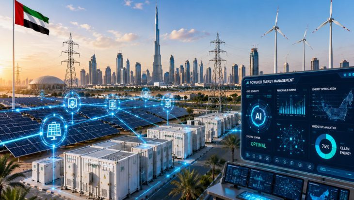 AI-powered smart energy infrastructure in the UAE featuring solar farms, battery storage systems, digital grid controls, and advanced renewable energy management technology.