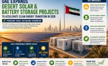 Large desert solar park with grid-scale battery energy storage systems and the Dubai skyline in the background, representing the UAE's renewable energy expansion and clean electricity future.