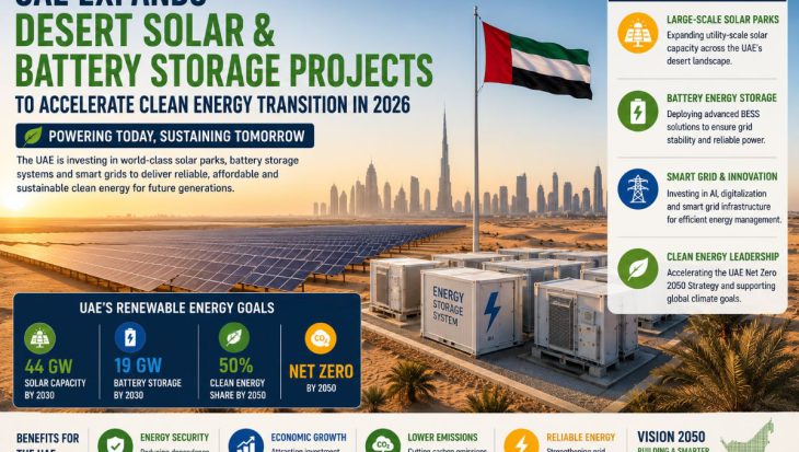 Large desert solar park with grid-scale battery energy storage systems and the Dubai skyline in the background, representing the UAE's renewable energy expansion and clean electricity future.