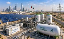 Large green hydrogen production facility in the UAE powered by solar energy, hydrogen storage tanks, and advanced clean energy infrastructure.