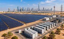 Massive solar power plant in the United Arab Emirates featuring utility-scale photovoltaic panels, battery storage systems, and desert renewable energy infrastructure.