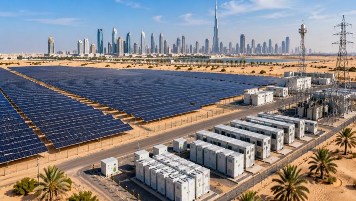 Massive solar power plant in the United Arab Emirates featuring utility-scale photovoltaic panels, battery storage systems, and desert renewable energy infrastructure.