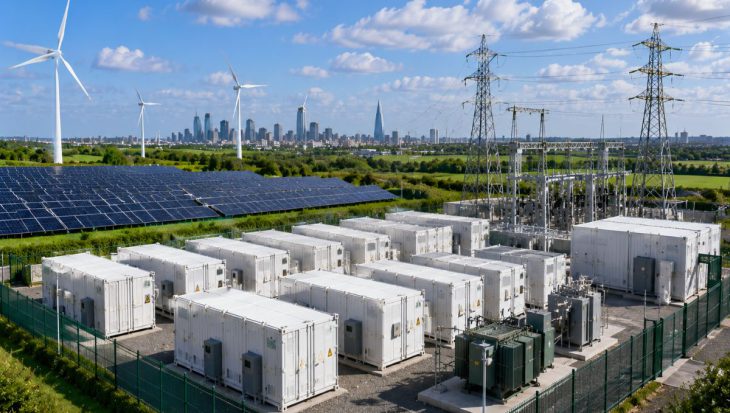 Large battery energy storage facility in the United Kingdom integrated with renewable energy infrastructure and smart grid technology.
