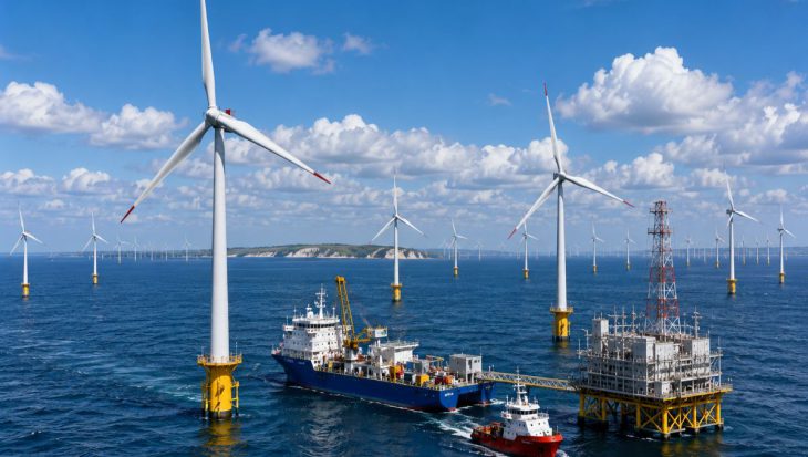 Large offshore wind farm operating in United Kingdom waters with modern wind turbines generating renewable electricity.
