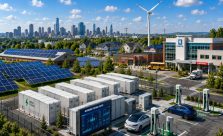 Modern American microgrid system featuring solar panels, battery storage containers, smart grid controls, EV charging stations, and community energy infrastructure.