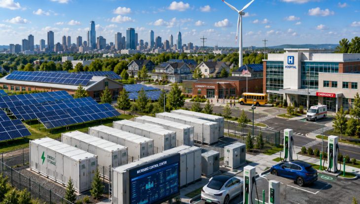 Modern American microgrid system featuring solar panels, battery storage containers, smart grid controls, EV charging stations, and community energy infrastructure.