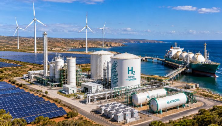 Large green hydrogen production facility in Western Australia featuring solar farms, hydrogen storage tanks, export infrastructure, and renewable energy systems.